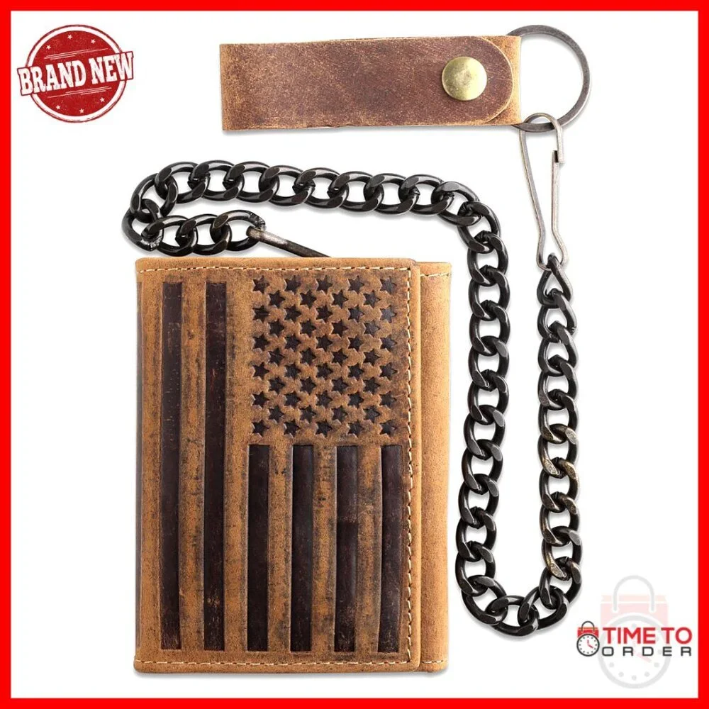 Men's RFID Blocking Tri-fold Leather Wallet with Steel Chain, Vintage Biker